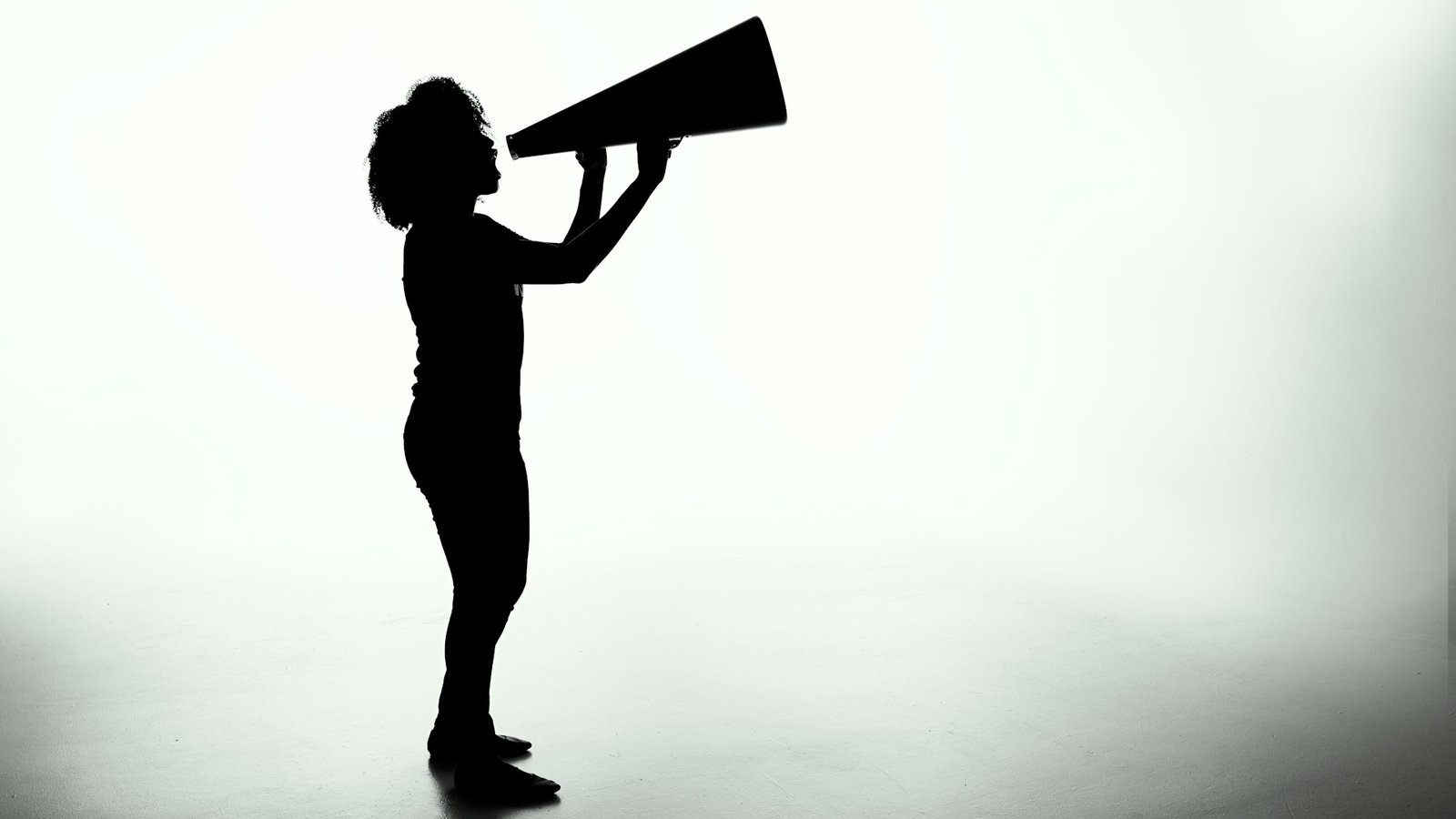 Silhouette of a person holding a megaphone against a bright sky