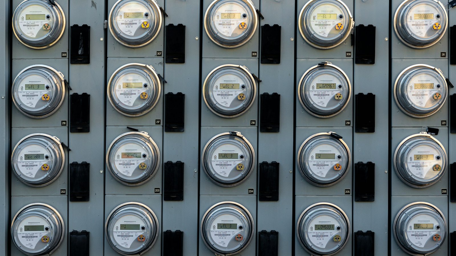 A black and white electricity meter mounted on an exterior wall